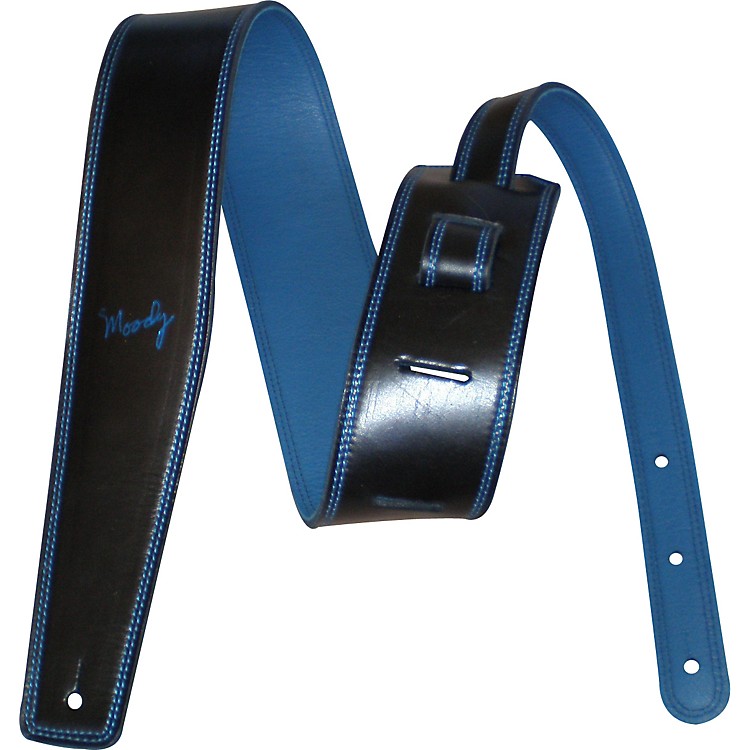 Moody Black Italian Leather Guitar Strap with Blue Leather Back - Long ...